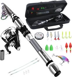 BNTTEAM Ensemble de Canne à pêche Portable et Moulinet en Fibre de Carbone Pointe de Canne Fluorescente, Kits de Sac de Transport de Ligne de leurres de pêche pour Voyage en Eau Douce salée