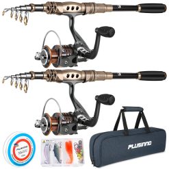 PLUSINNO Ensemble Canne à pêche et Moulinet télescopiques en Fibre de Carbone avec Moulinet, kit de Canne à pêche en Eau salée et Eau Douce, 1,8 m (PLFBO01-2PACK-FBA)